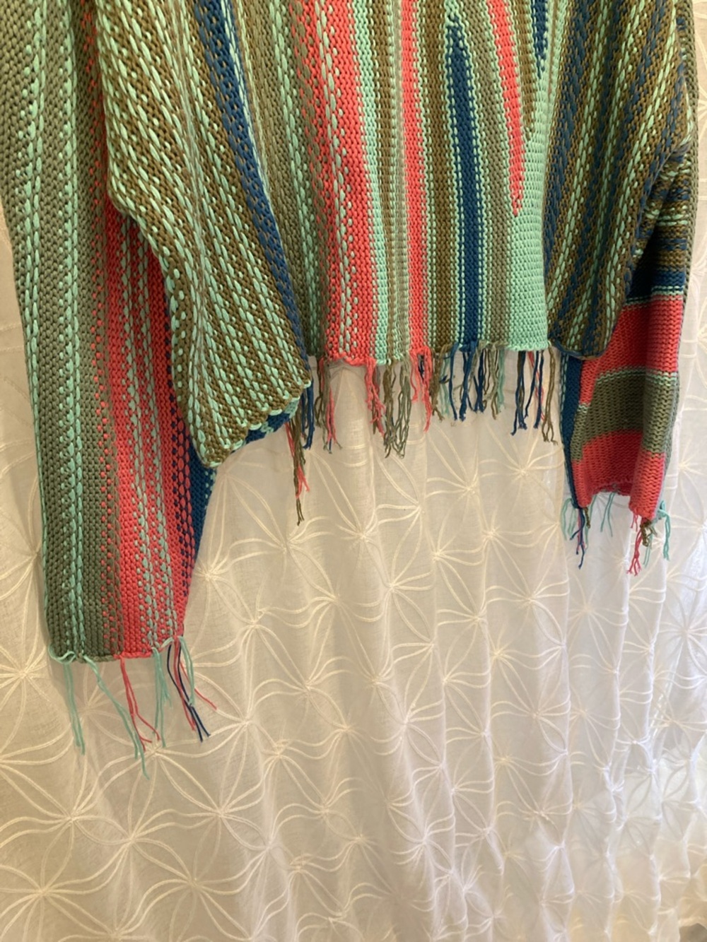 Elan Striped Fringe Knit Sweater in Teal, Coral & Olive - Picture 7 of 8